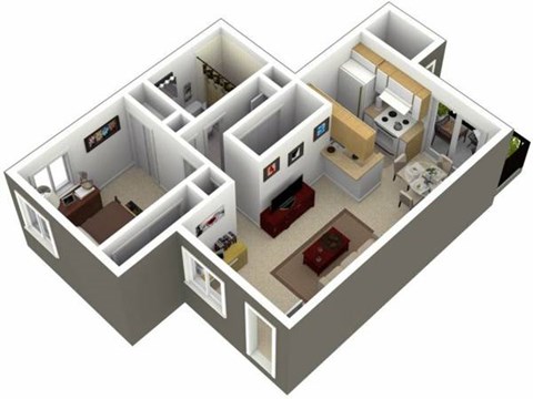 A 3D image of a house layout with a kitchen, living room, and two bedrooms.